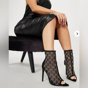 Fashion Nova Black and Silver Mesh Heeled Boots